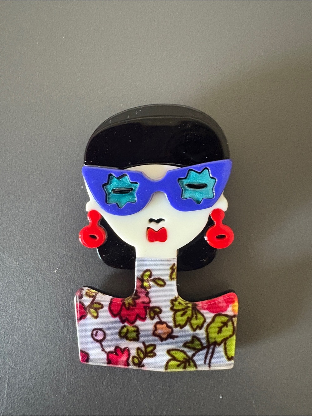 Retro Floral Statement Brooch with Blue Sunglasses